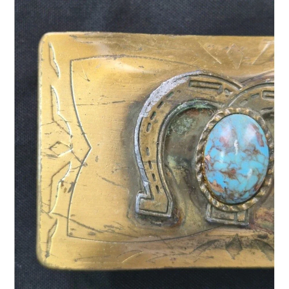Vtg Rare Mid Century Brass & Turquoise Engraved Horseshoe Belt Buckle Southwest